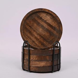 Posavasos Artesanales de Madera de Mango para Bebidas, Juego de 5 |   Posavasos Redondos Rústicos de Madera con Soporte de Hierro Negro - Product Image 3