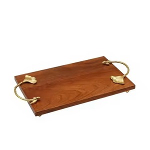 Plateau de service rectangulaire en métal doré avec poignées en forme de fleurs, artisanat en bois pour mariage, Diwali, Ramadan, hôtel, restaurant, maison - Product Image 1