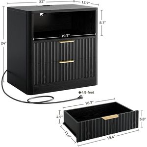 Comodino Moderno Scanalato con Stazione di Ricarica, Cassetti Aperti e Ripiani, Tavolino da Notte in Legno per Camera da Letto - Product Image 3