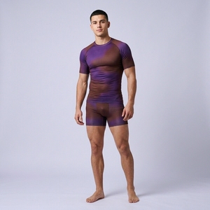 Men Sporty Jersey Sports Compression Shirt Front <b>Logo</b> Half Sleeve O-Neck Tight Fit Solid Color Gym Workout Running Athletic - Product Image 2