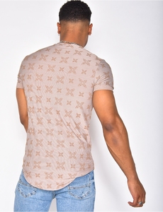 Chemise décontractée à manches courtes en tricot pour homme, imprimé géométrique beige, respirante, col en V, pour l'été - Product Image 6