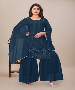 NOUVELLE ARRIVÉE : Ensemble Sharara en Georgette avec Broderies et Dupatta – Tenue de Cérémonie – Prix de Gros – Vêtement Ethnique en Coton Teel Tissé - Product Image 1