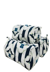 Beautiful Floral <b>Hand</b> Block Printed Cotton Quilted Travel Cosmetic Storage Bag with Zipper Closure - Set of 3 | Multicolor Print - Product Image 1