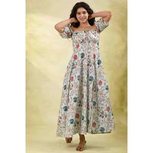 เดรสยาวพิมพ์ลายแขนพองทรงปล่อยชายกระโปรงยาวถึงพื้น ผ้าฝ้าย 100% เป็นมิตรต่อสิ่งแวดล้อม ซักได้ น้ำหนักเบา เหมาะสำหรับฤดูร้อน เอวทรงธรรมชาติ สำหรับผู้หญิง - Product Image 4