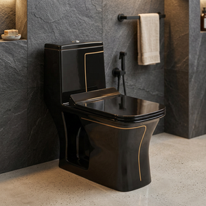Inodoro de cerámica de una pieza, moderno y lujoso, con tanque oculto y taza con relieve, para decoración de baño en gris. - Product Image 4