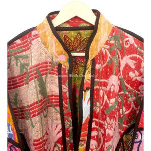 Vintage Women's 100%<b>Kantha</b> <b>Jacket</b> Handmade Indian Embroidered Bohemian Style with openclosure fashionable <b>jackets</b> floral pattern - Product Image 2