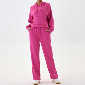 Heavyweight Women's Custom Embroidered Logo Oversized Fleece Hoodie Wide Leg Sweatpants <b>Set</b> Casual Solid Pattern Winter Cotton - Product Image 5