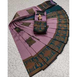 DISEÑADOR TEJIDO SEDA ZARI TEJIDO TRABAJO SAREE CON BLUSA SIN COSTAR BEBÉ ROSA - Product Image 1