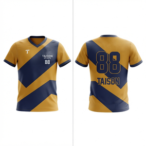 Maillot de hockey sur gazon pour hommes 240 GSM en maille interlock polyester anti-humidité avec empiècements contrastants or et bleu marine, logo personnalisé par transfert thermique - Product Image 1