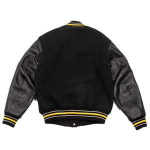 <b>Mens</b> Black Varsity Style <b>Jacket</b> Leather Style Sleeves Quilted Lining Yellow Striped Ribbed Trim Urban Streetwear Fashion - Product Image 2
