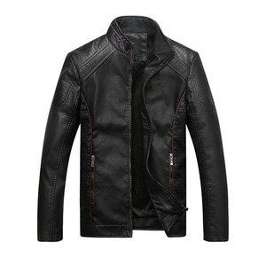 Veste de moto en cuir PU noir uni pour homme, col montant, fermeture éclair, coupe slim, longueur standard, coupe-vent - Product Image 1