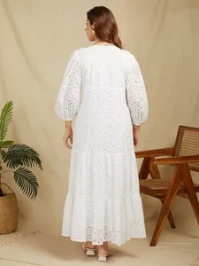 White V-Neck Eyelet Embroidery Midi <b>Dress</b> With Puff Sleeves A-Line Loose Fit Cotton <b>Vintage</b> Style Summer Casual <b>Dress</b> <b>For</b> <b>Women</b> - Product Image 3