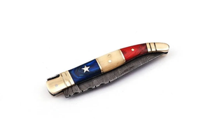 Navaja Plegable de Acero de Damasco con Mango Rojo y Azul, Diseño de Estrella, Hoja de Punta Caída, Apertura con Perilla de Pulgar - Product Image 4