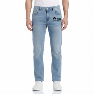 Jean en denim coupe droite bleu clair pour homme WIZE INTERNATIONAL, taille haute, fermeture boutonnée, décontracté, respirant, 100 % coton, style été - Product Image 1