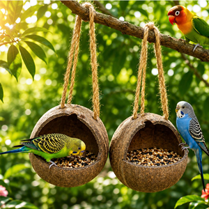 Natural Coconut Shell <b>Bird</b> Feeder Bowl, Handcrafted Hanging Round Wooden Food Dish for <b>Cage</b> & <b>Outdoor</b> Garden Decor From Vietnam - Product Image 5