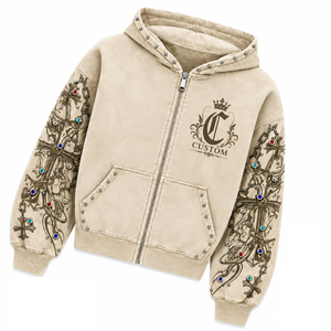 SHH INDUSTRIES Custom Vintage Washed 100% Cotton Hoodie Trendy Digital Embroidery <b>Zip</b> Sweatshirt Rhinestone Detail Street Wear - Product Image 3