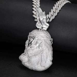 Brass Jesus Head Pendant Necklace <b>Iced</b> <b>Out</b> Zircon Praying Hands Link <b>Chain</b> Hip Hop Christian Jewelry - Product Image 5