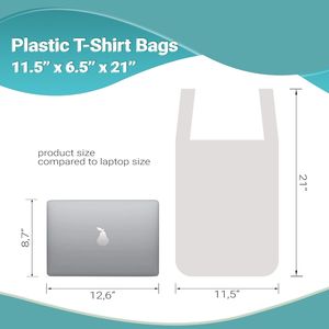 Paquete 100 Bolsas de plástico reutilizables preimpresas para camisetas 11,5X6,5X21 Bolsas de compras para llevar Precio al por mayor para ropa de restaurante - Product Image 3