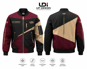 เสื้อแจ็คเก็ตบอมเบอร์สีเบจดำเบอร์กันดีแบบสั่งทำสำหรับผู้ชาย แจ็คเก็ตน้ำหนักเบา ดีไซน์ลายบล็อกสีเรขาคณิต คอเสื้อแบบริบ มีกระเป๋าซิป - Product Image 4
