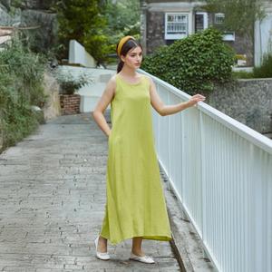 Vestido largo bohemio de mezcla de algodón y lino para mujer, color verde lima, sin mangas, corte holgado, transpirable, vestido largo de verano - Product Image 1