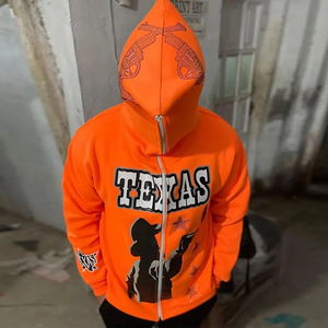 Sweat à capuche zippé imprimé Texas pour homme, orange, décontracté, coupe classique, en polyester tricoté, streetwear d'automne - Product Image 1