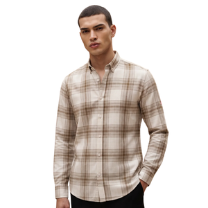 Beige Brown Plaid Men Flannel Shirt Long Sleeve Button Down Checkered Casual Shirt Soft <b>Brushed</b> Fabric <b>Outdoor</b> Streetwear - Product Image 2