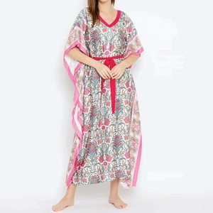 Women Floral Print Chiffon <b>Kaftan</b> Dress V-Neck Cap Sleeve Floor-Length Modest Evening Gown With Pink Ribbon Trim - Product Image 1