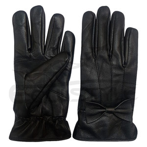 Black Leather Winter Gloves <b>Wool</b> Lined Womens Bow Cuff Gloves for Daily Outdoor Wear Custom Logo OEM Leather Gloves - Product Image 1