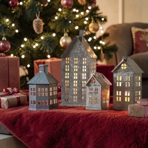 Lanternes modernes en métal en forme de maison avec fenêtres découpées, décorations de Noël artisanales, lumières de fête - Product Image 6
