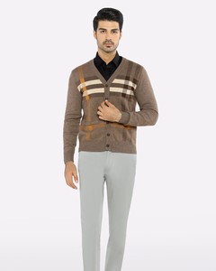 Cardigan en tricot à carreaux pour homme, manches longues, col en V, laine acrylique, style automne, marron beige orange, pull à motifs - Product Image 2
