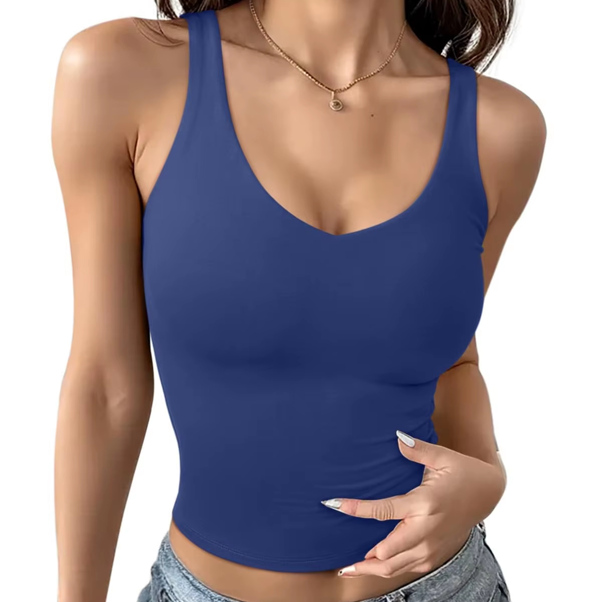Tank Top Women Sleeveless Solid Colour Strappy Ribbed Fashion Double Lined V Neck Casual Basic Trendy Workout Going Out Clothes