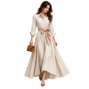 Robe trapèze élégante et ajustée pour femme, nouvelle collection printemps 2026, unie, respirante, à col revers et manches longues, vente en gros pour boutiques - Product Image 3