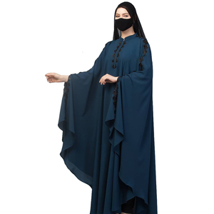 Abaya bleu foncé brodée à manches longues, robe musulmane modeste, longueur ras du sol, col montant, coupe ample, tenue quotidienne pour femme - Product Image 2