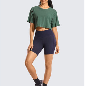 Camiseta Corta Verde para Mujer, Cuello Redondo, Color Sólido, Tejido de Punto, Transpirable, de Algodón, para Entrenamiento, Uso en Todas las Estaciones - Product Image 1