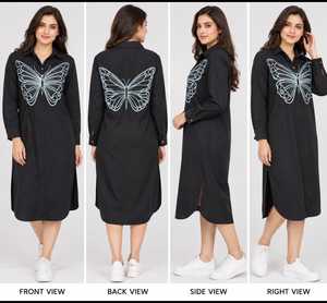 Robe chemise oversize au design unique avec broderie papillon, robe tunique à manches longues tendance avec fentes latérales, disponible à la vente - Product Image 5