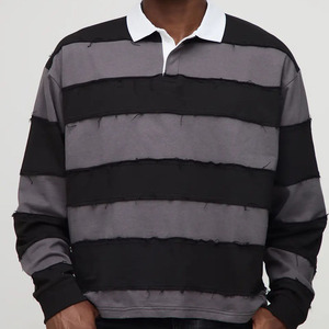 Camiseta de rugby para hombre, estilo cropped, de jersey grueso de felpa francesa desgastada, con rayas y cuello vuelto, corte holgado, 420 g/m², venta al por mayor - Product Image 1