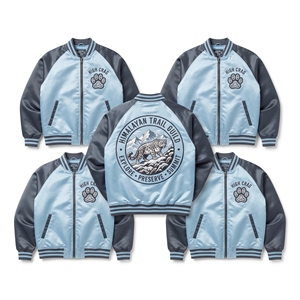 Wholesale Satin Bomber Jacket Maker Aqua White Mountain Peak Embroidered Varsity <b>Coat</b> Zip Up Streetwear Brand Supplier - Product Image 2
