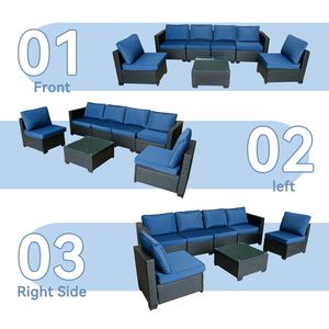 Set di divani da esterno in rattan PE nero da 7 pezzi con tavolo e cuscini blu, mobili da giardino - Product Image 5