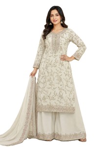 Ensemble décontracté 3 pièces brodé pour femme en soie/coton avec motif floral, haut long et pantalon palazzo – Idéal pour l'été - Product Image 4
