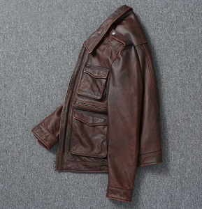 Men's <b>Brown</b> Genuine <b>Leather</b> Moto Biker <b>Jacket</b> Turn-down Collar Zipper Closure Regular Fit Autumn Winter Wear - Product Image 4