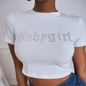 White Women's Crop <b>Top</b> T-Shirt Crew Neck Short Sleeve <b>Rhinestone</b> Letter "Babysgirl" Slim Fit Casual Spring Summer Jersey Cotton - Product Image 1