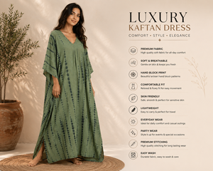 Green Tie Dye Cotton Eco-Friendly Bohemian <b>Kaftan</b> Dress V Neck Modern Fit Party Resort Wear Women <b>Summer</b> Kimono Floor-Length - Product Image 3