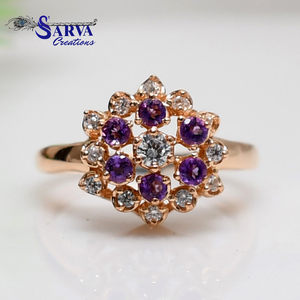 Rose Gold Plated <b>Amethyst</b> 925 Sterling <b>Silver</b> Cluster <b>Ring</b> Round Brilliant Cut Gemstone Flower Design Women's Romantic <b>Ring</b> - Product Image 6