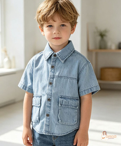 เสื้อเชิ้ตเดนิมเด็กชาย แขนสั้น ลำลอง สีพื้น ปกคอพับ มีกระเป๋า ทรงปกติ ผ้าฝ้ายฟอก - Product Image 5