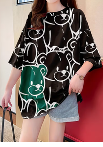 Plus Size Women's <b>Patchwork</b> Anti-Wrinkle O-Neck Pullover Short Sleeve 100% Cotton Casual Summer Knit Tee 380g Digital Printed - Product Image 2