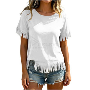 Camiseta de manga corta para mujer de alta calidad con dobladillo y puños con flecos blancos, top informal de algodón tejido con cuello redondo para verano. - Product Image 2