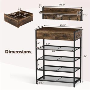 Multifunctional 5-<b>Hook</b> Coat Rack and 2-Drawer Shoe Stand with 4 Mesh <b>Shelves</b> Entryway Storage Solution - Product Image 5