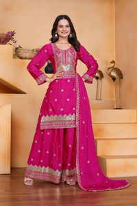Élégante tunique en soie Chinon à sequins, pantalon palazzo multi-évasé et dupatta brodé – Ensemble trois pièces pour femme - Product Image 4