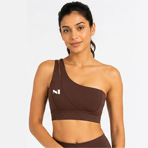 Women's One-Shoulder Asymmetrical Sports Bra Medium Support Seamless Yoga Top Solid Brown Front Logo OEM Women one shoulder Bra - Product Image 6