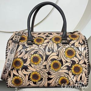Bolso de Hombro de Cuero Vacuno Hecho a Mano de Gran Capacidad con Diseño de Girasol para Mujer, Estilo Personalizado, de Lujo, para Viaje - Product Image 1